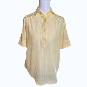 Vintage Yellow White Striped Henley Blouse Short Sleeve Size 10 Summer Airy Sun